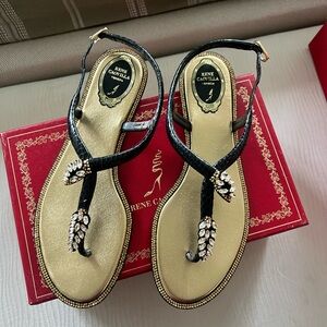 NEW Rene Caovilla Black and Gold Crystal T-Strap Sandals size 40